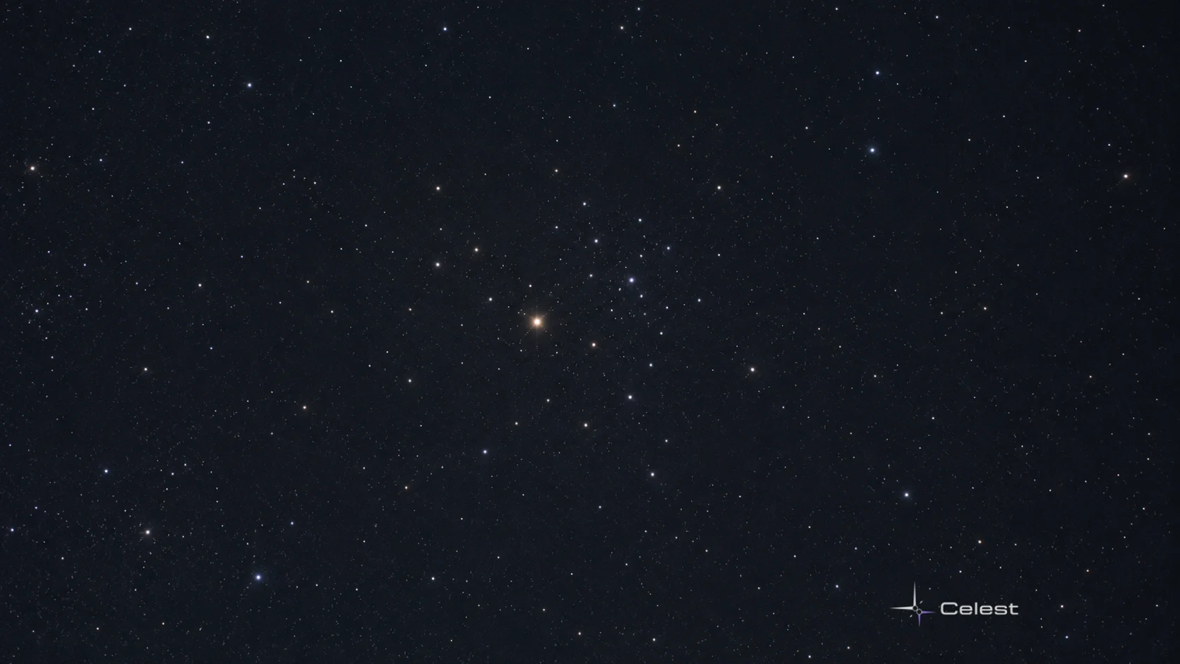 A conceptual modest warm stellar point beside a loose field of cooler points, illustrating a foreground star seen toward a cluster.