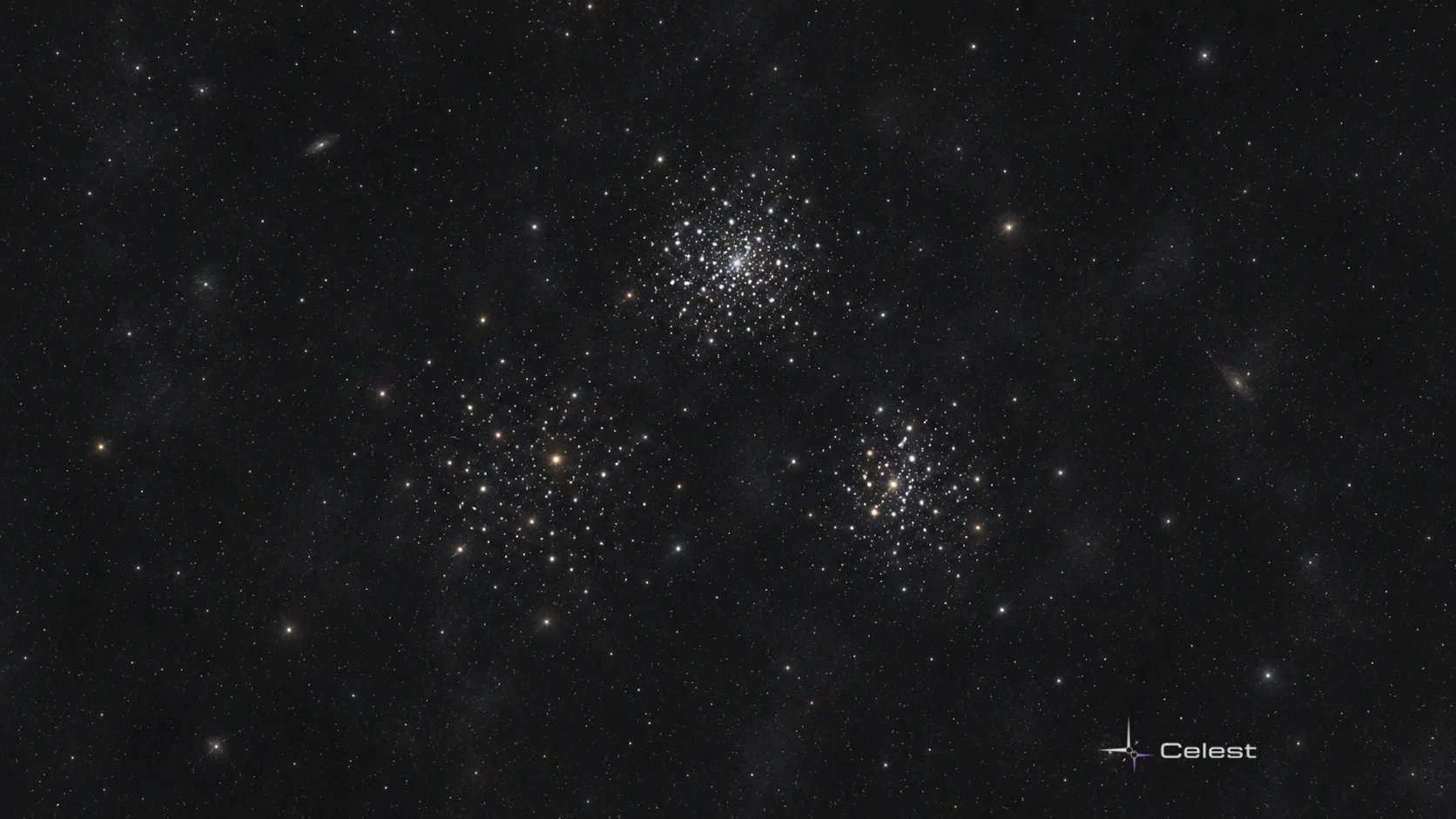 Conceptual three loose open star clusters with restrained ivory stars and a few muted warmer points, not an exact Auriga finder chart.