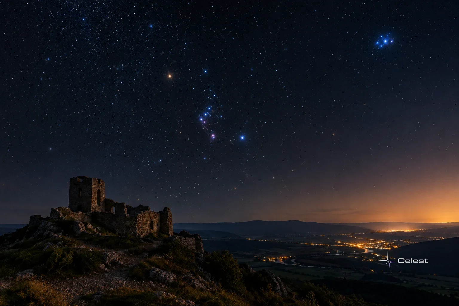 The Pleiades shine as a compact blue star cluster in the upper-right sky above a dark castle and glowing valley.
