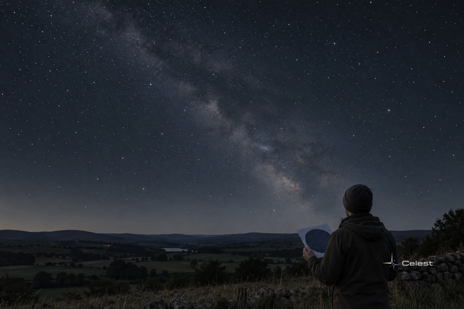 An observer holds a printed star chart under a rural night sky.