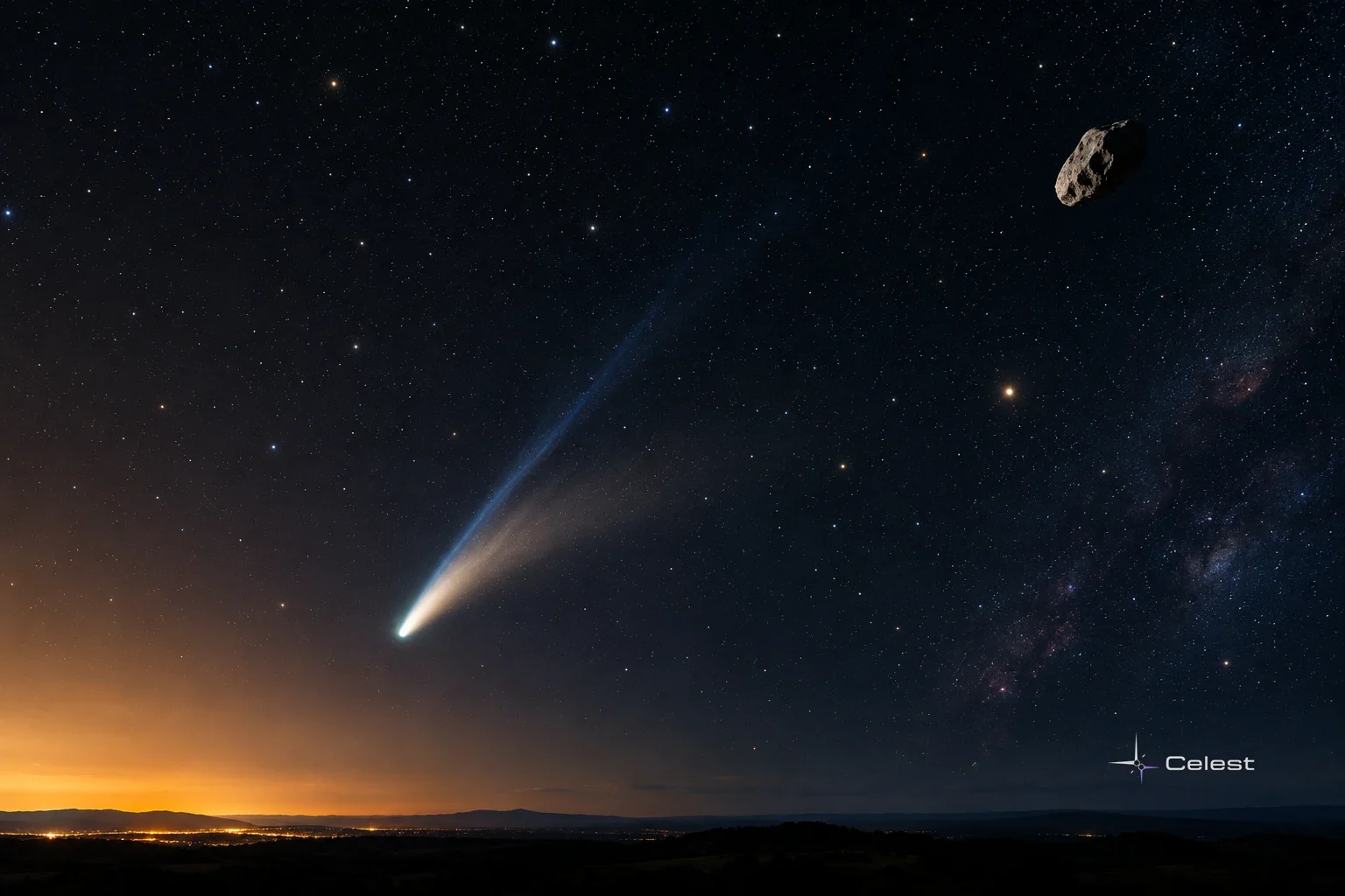 A bright comet with a long blue-white tail crosses a starry night sky above a dark, softly glowing horizon, with an asteroid nearby.