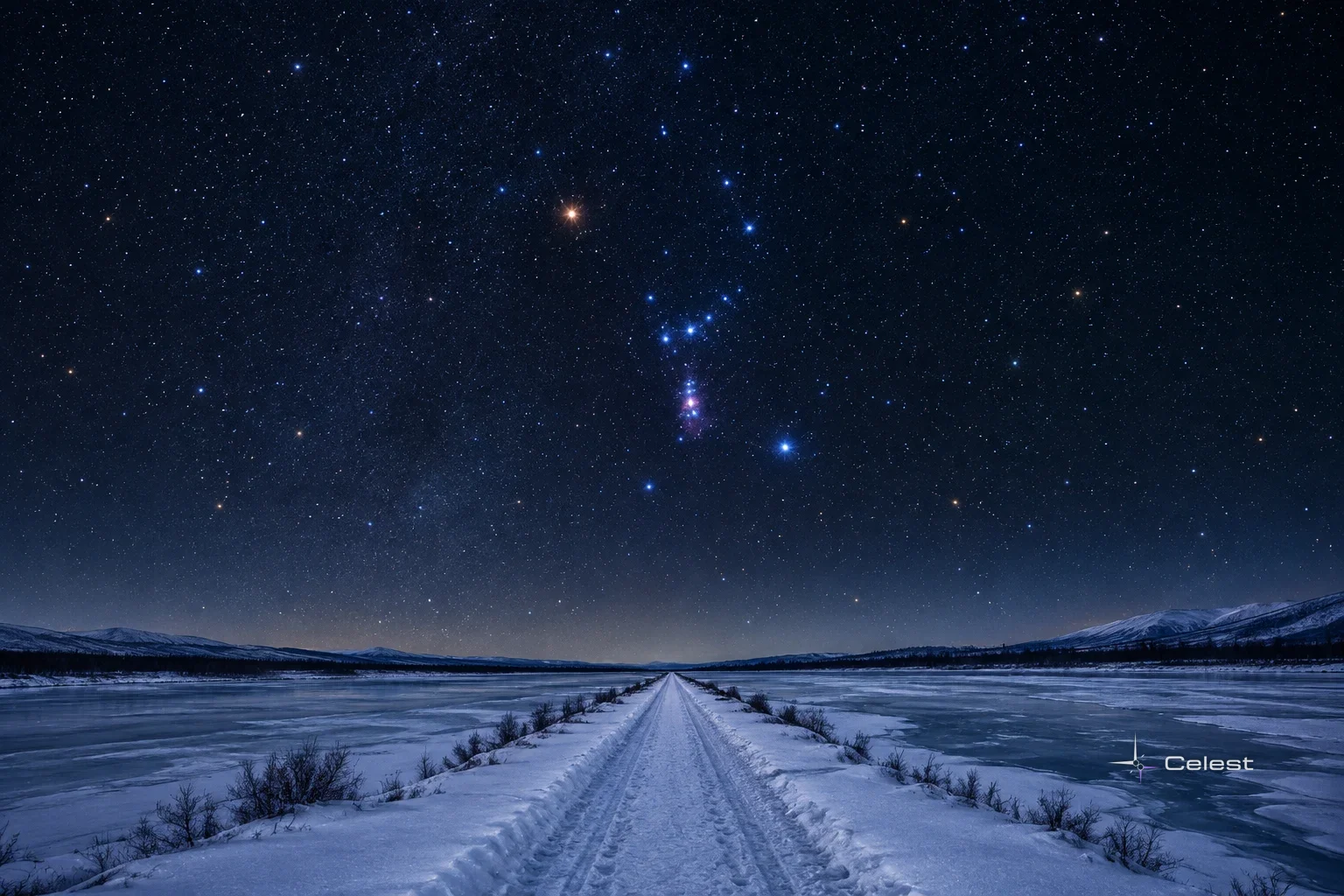 A bright constellation hangs above a snowy road, with blue stars scattered across a dark sky and hills on the horizon.