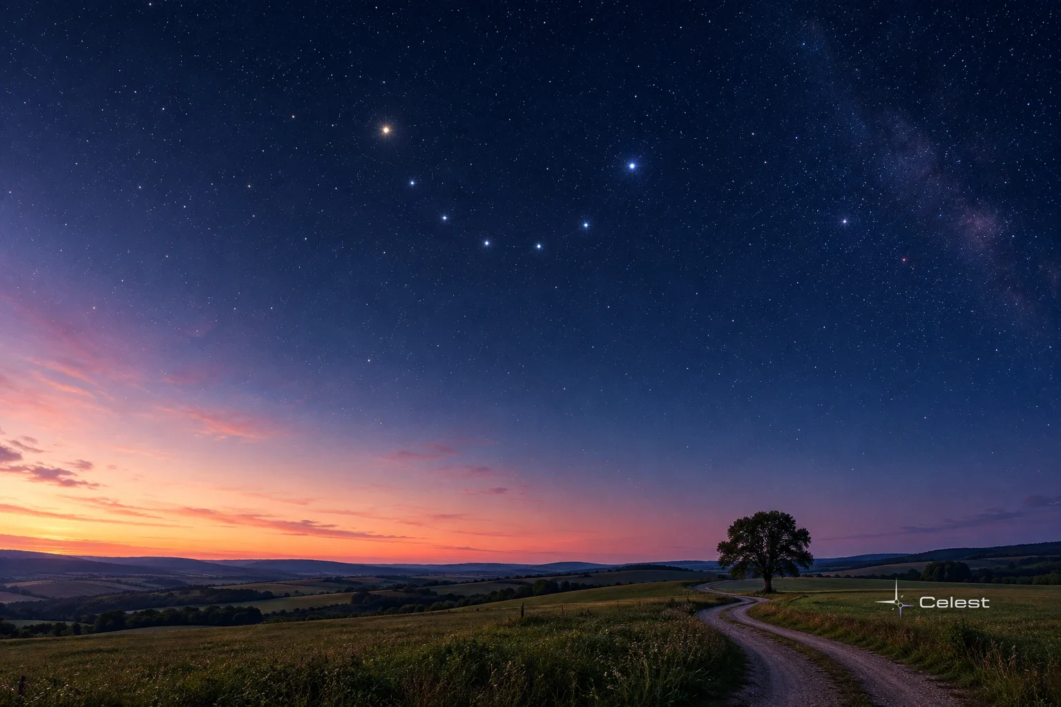 Corona Borealis arcs across a deep blue twilight sky above rolling fields, a lone tree and winding path beneath warm sunset light.