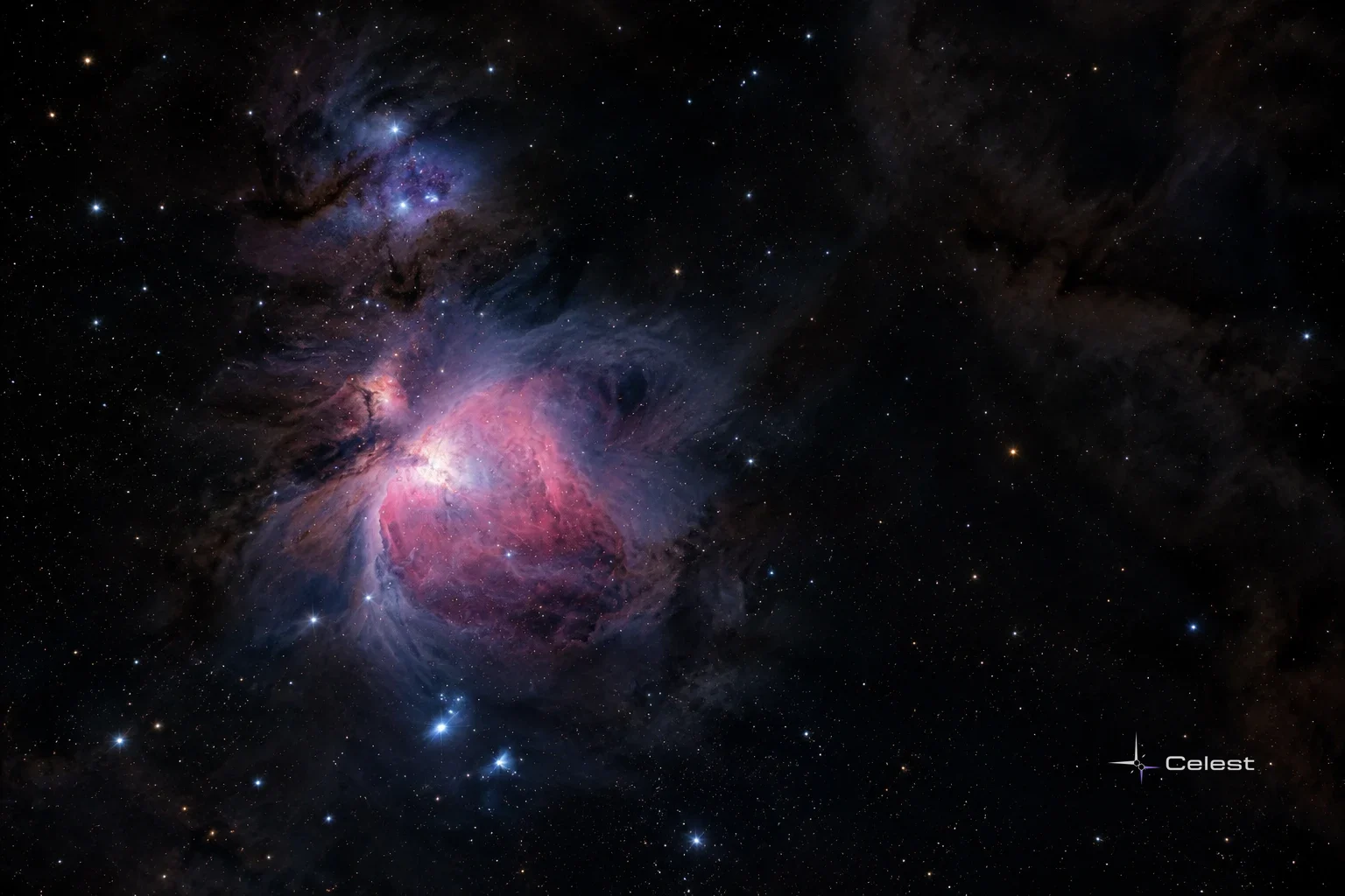 The Orion Nebula glows pink and blue near the center, surrounded by dark clouds and scattered stars in deep space.