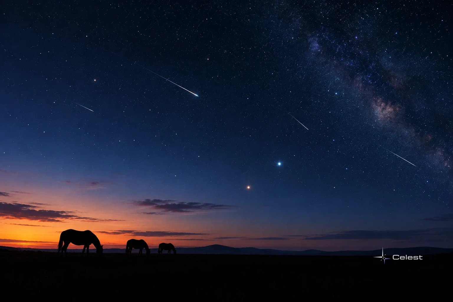Draconids meteor shower streaks across a starry twilight sky above silhouetted grazing horses and a dark horizon.