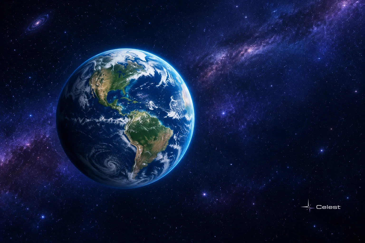 Planet Earth glows blue against a star-filled space scene, with the Americas visible and a violet Milky Way behind it.
