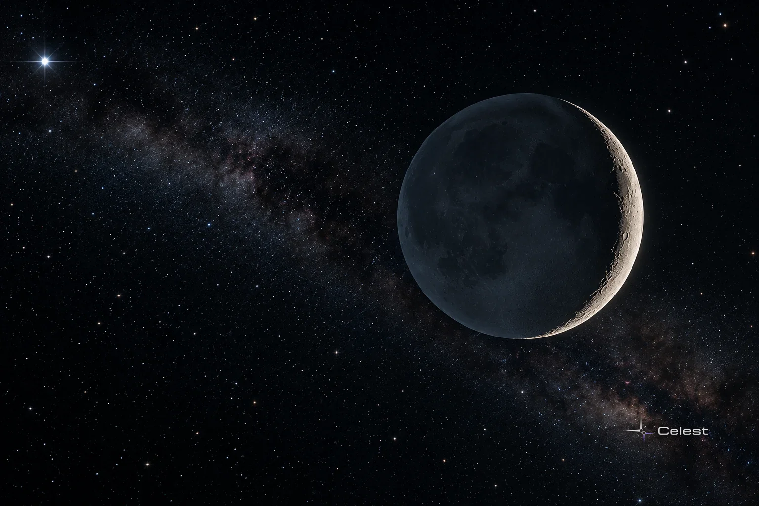 A crescent moon with a faintly illuminated dark disk hangs against a star-filled sky and the Milky Way.