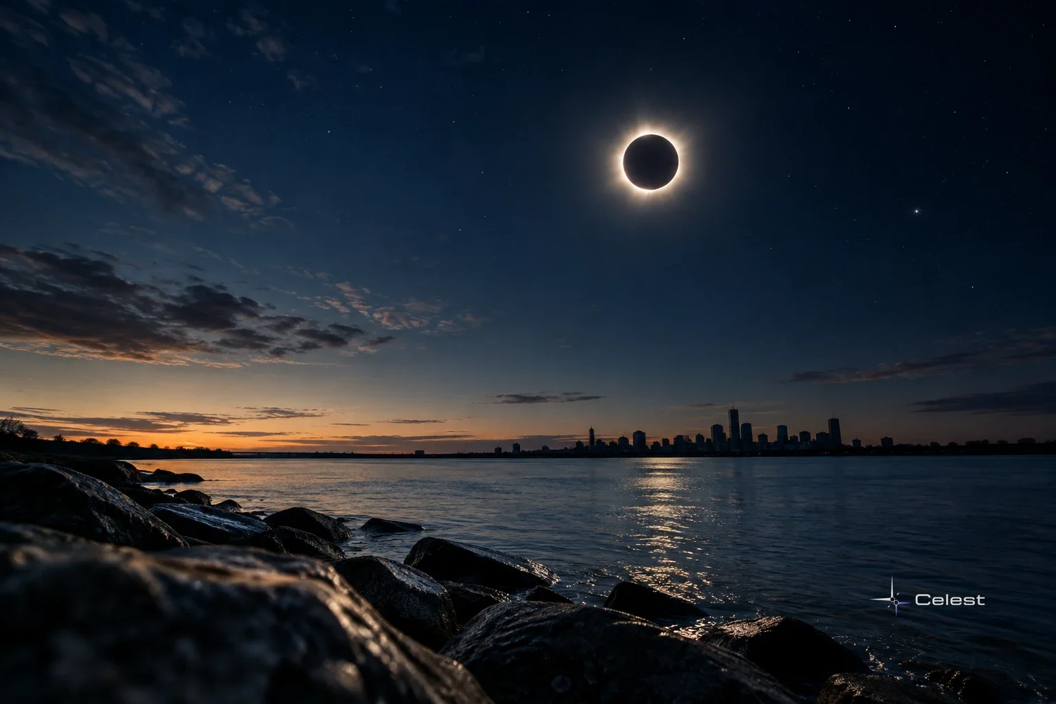 A solar eclipse forms a bright ring around the dark Sun above a rocky waterfront, calm sea, clouds, and a distant skyline.