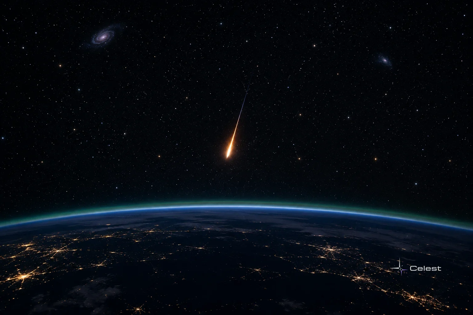 A bright orange fireball meteor streaks through a starry sky above Earth's glowing blue horizon and city lights at night.