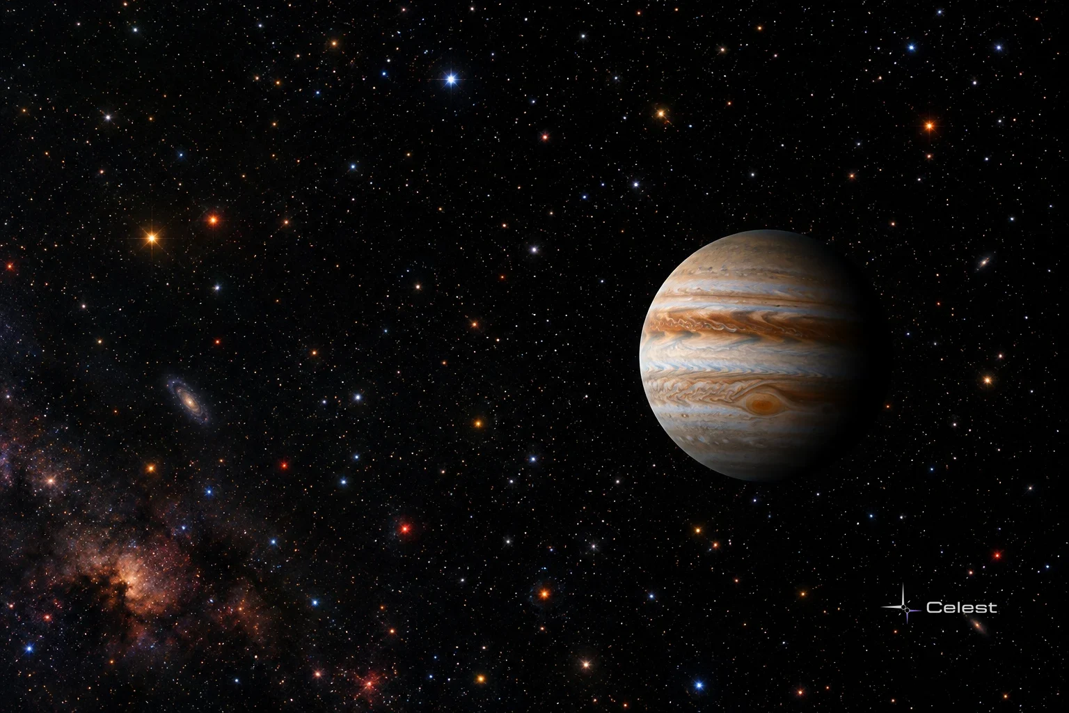 A banded gas giant floats at right against a star-filled black sky, with a colorful glowing nebula along the lower left.