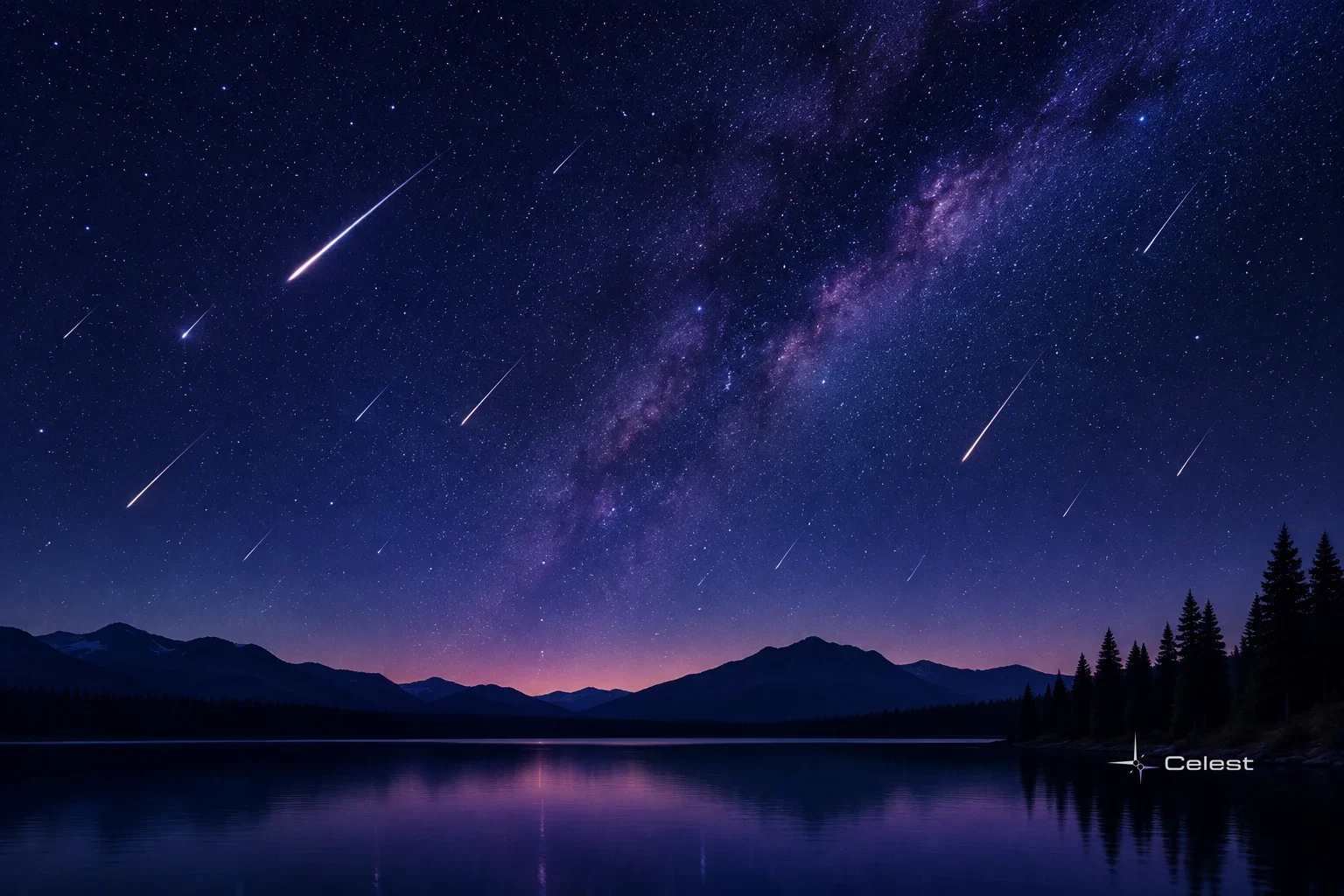 A meteor shower streaks across a star-filled Milky Way sky above dark mountains, pine trees, and a calm lake at dusk.
