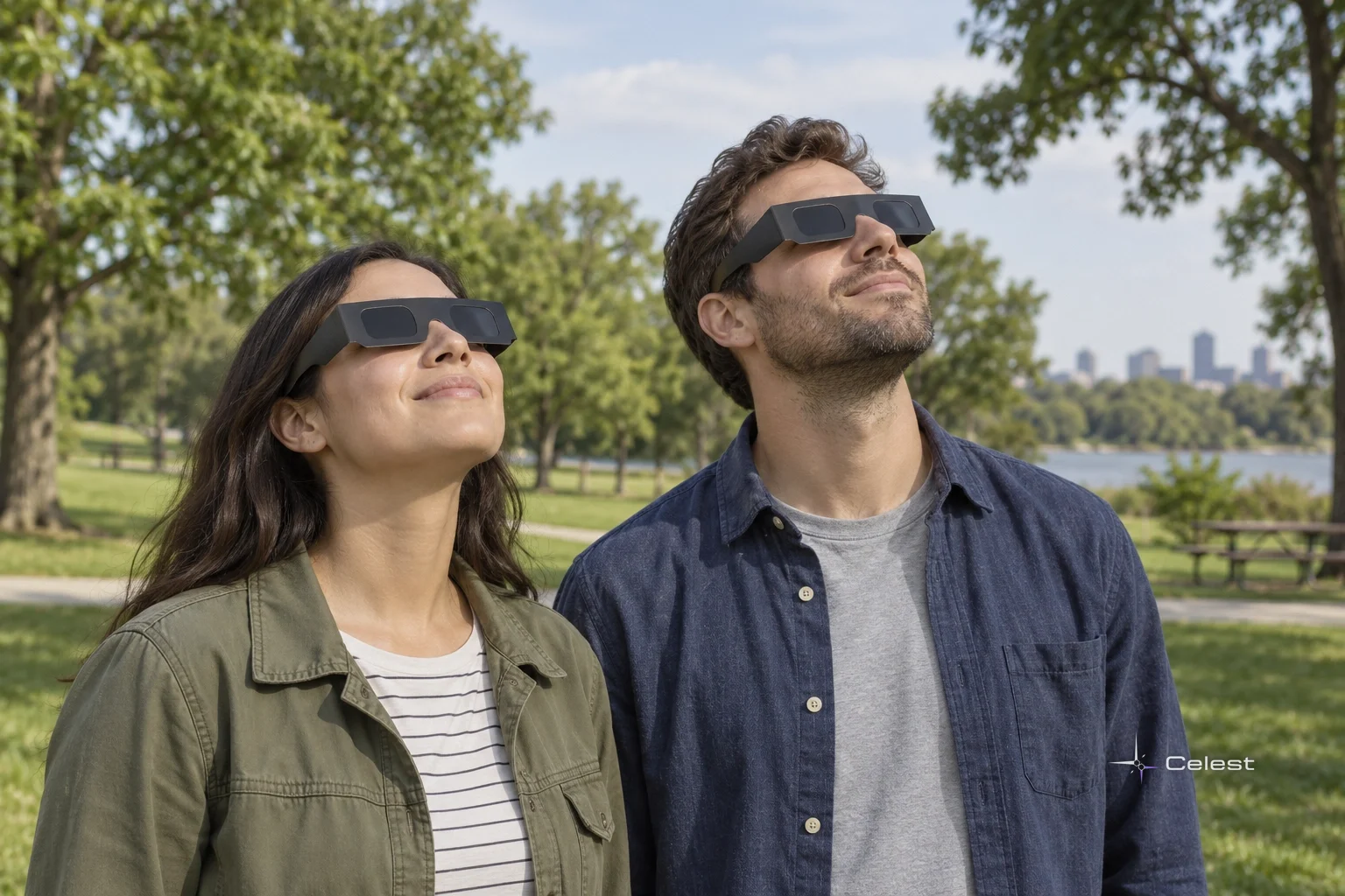 Two people in a park wear opaque solar-viewing glasses over their eyes while looking upward in daylight.