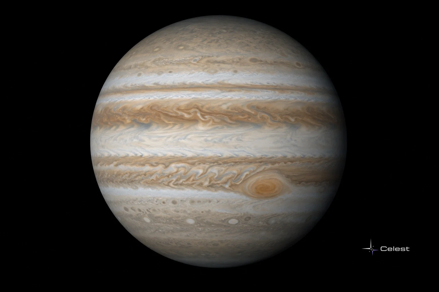 Jupiter's cream and tan cloud bands curve across its disk, with the Great Red Spot visible against black space.