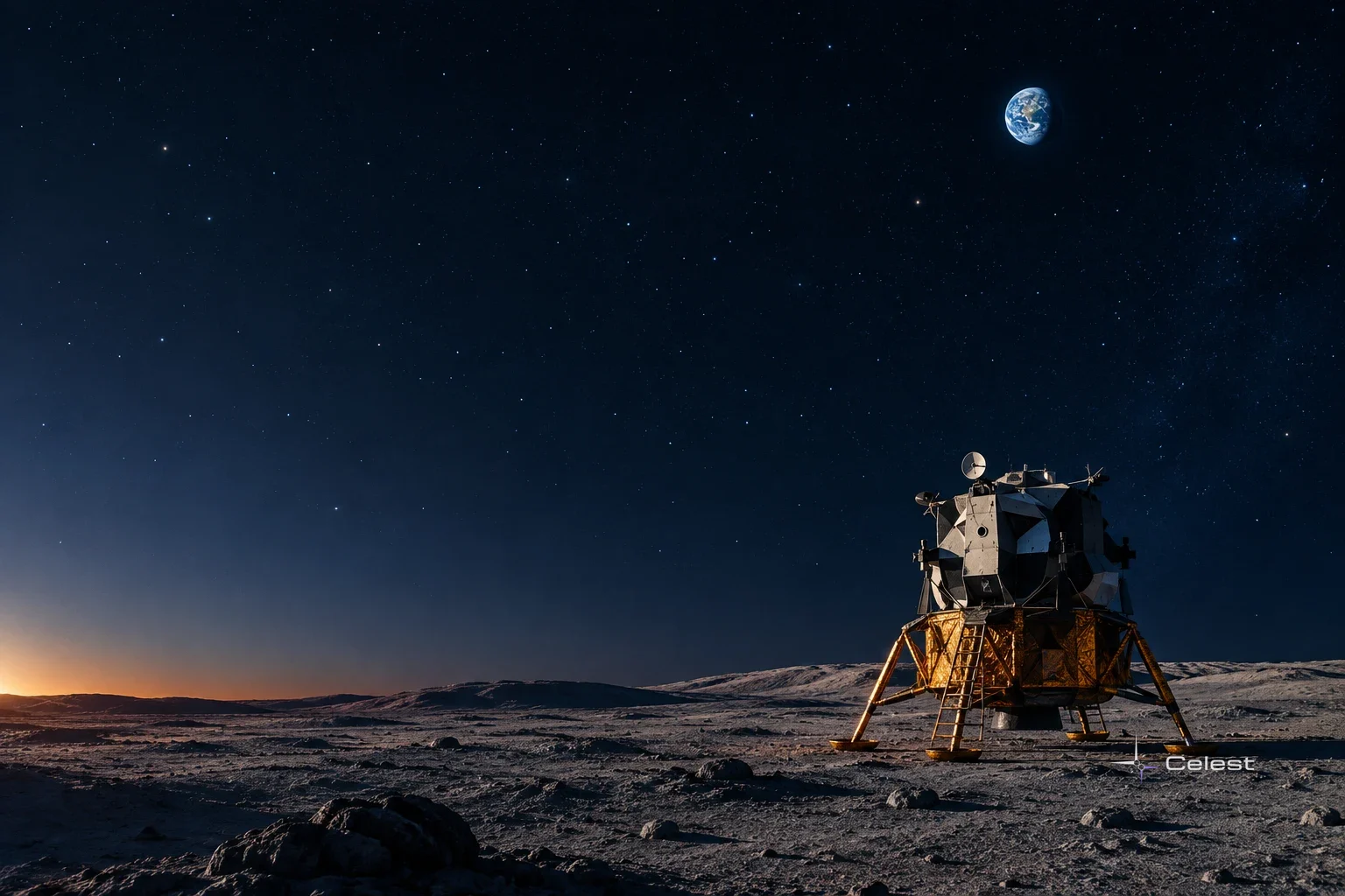 A lunar module stands on the Moon’s rocky surface beneath a star-filled sky, with Earth glowing above the horizon.