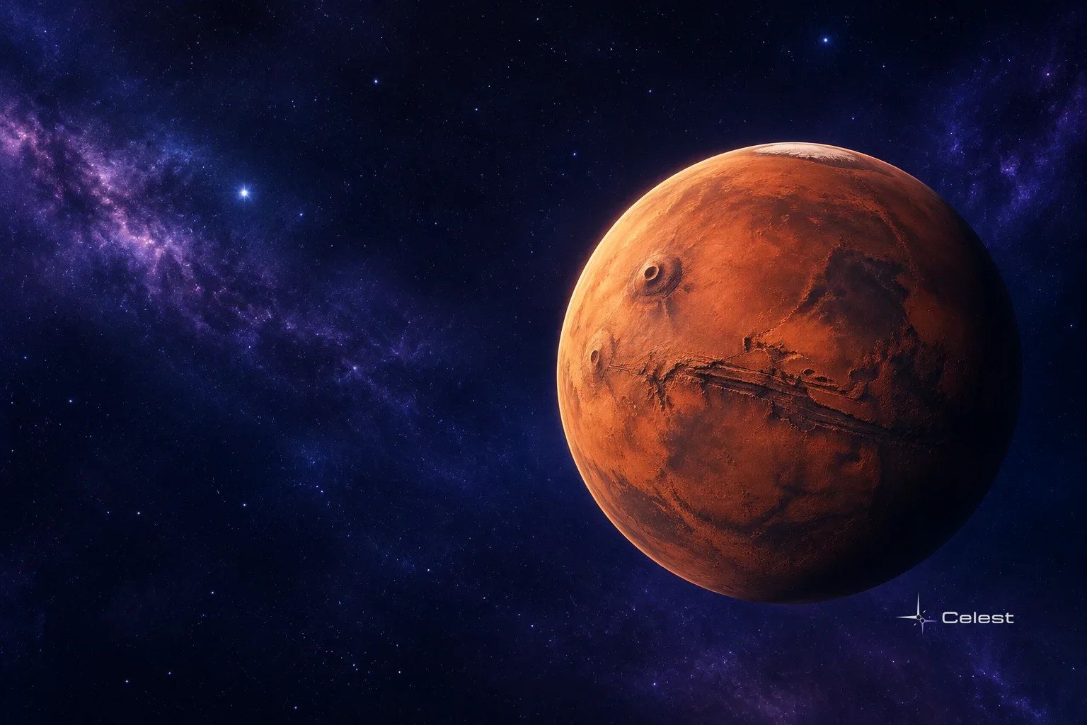 Mars, the Red Planet, appears large and rust-colored against a star-filled space scene with a glowing purple Milky Way.