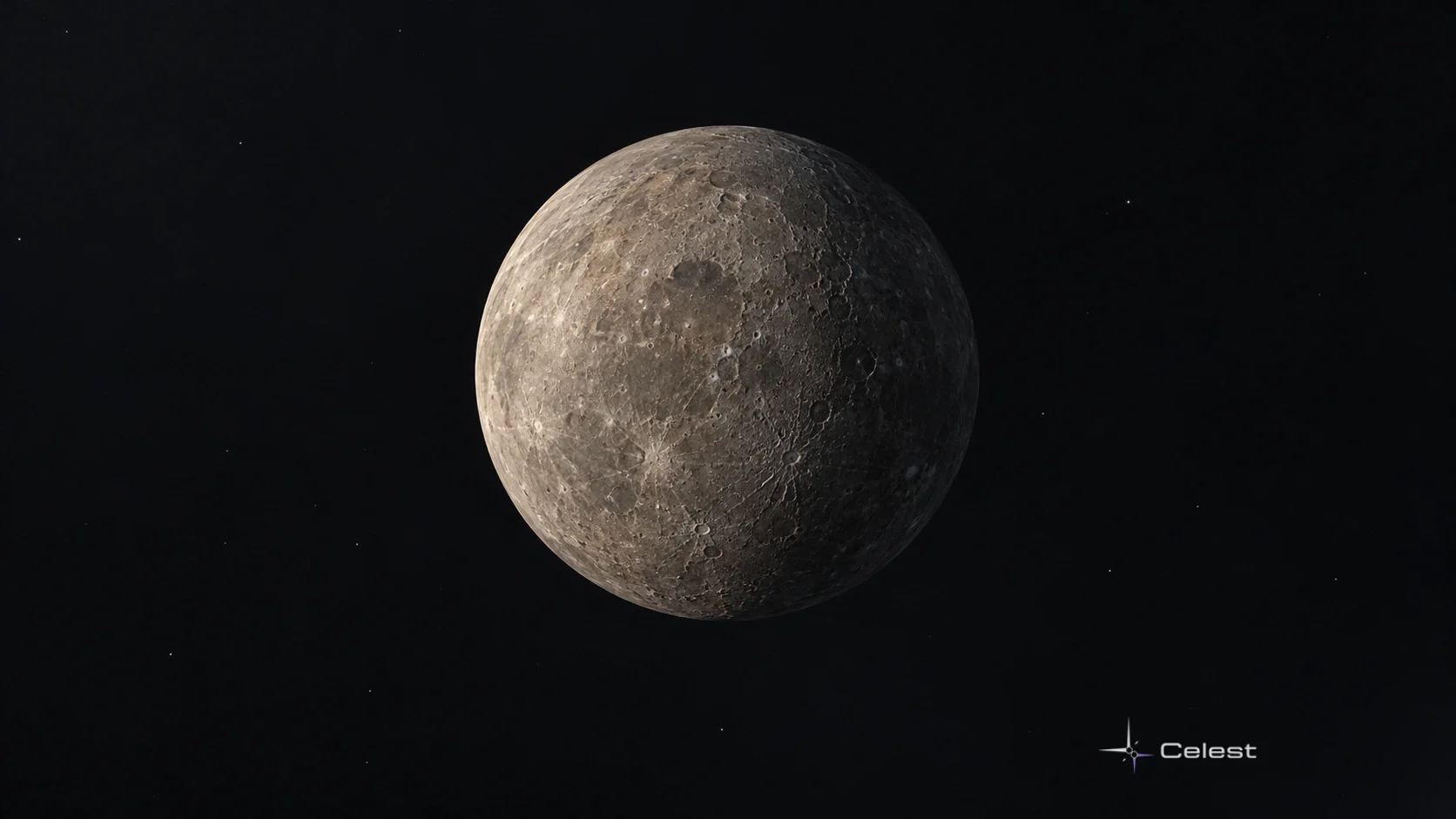 A subdued grey-brown, cratered Mercury globe with one sunlit hemisphere against a dark background.