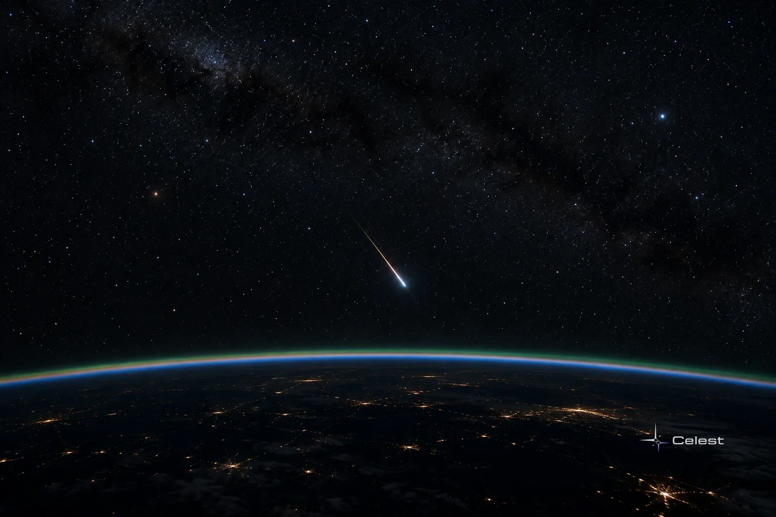 A bright meteor streaks across a star-filled sky above Earth's glowing blue horizon and scattered lights below.