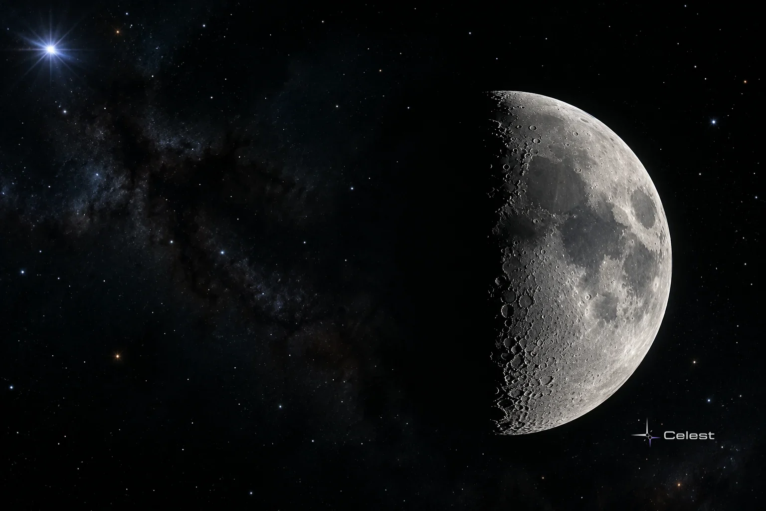 The Moon appears half illuminated against a star-filled black sky, with the Milky Way and a bright star behind it.