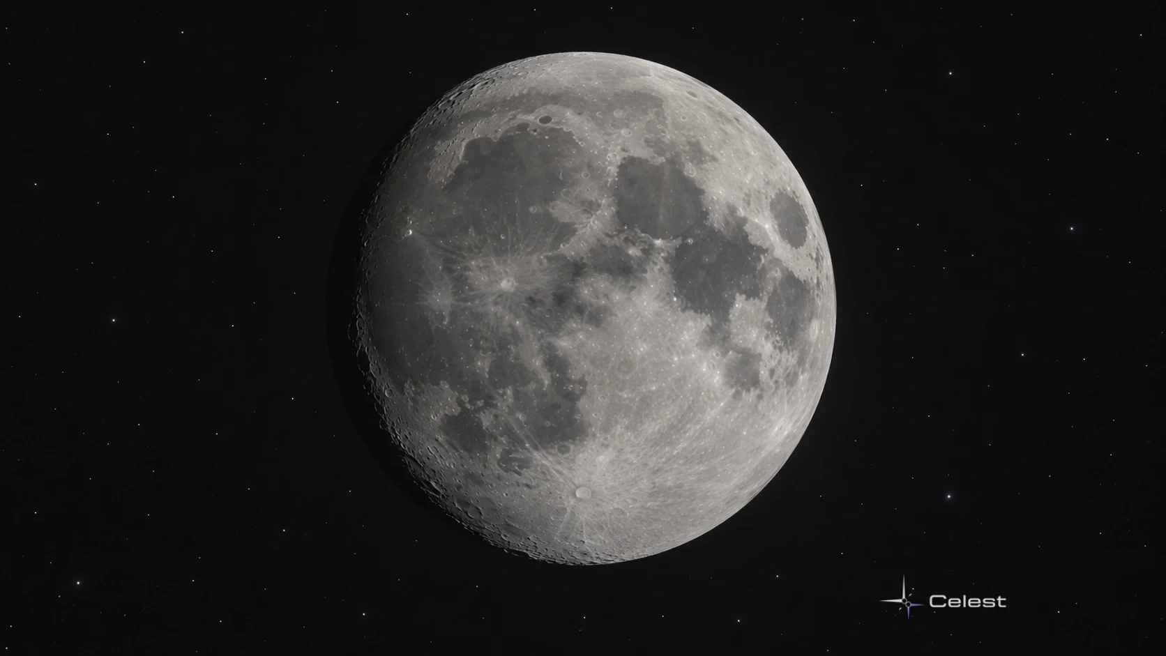Conceptual grey gibbous Moon showing broad dark plains and brighter cratered terrain.