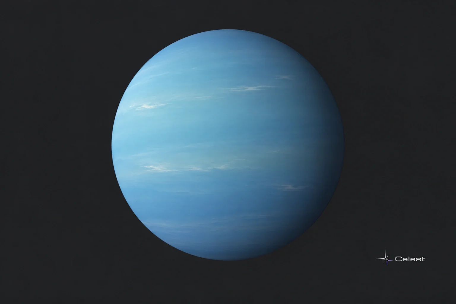 Conceptual pale blue-green Neptune globe with faint atmospheric streaks and no fixed dark-spot marker.