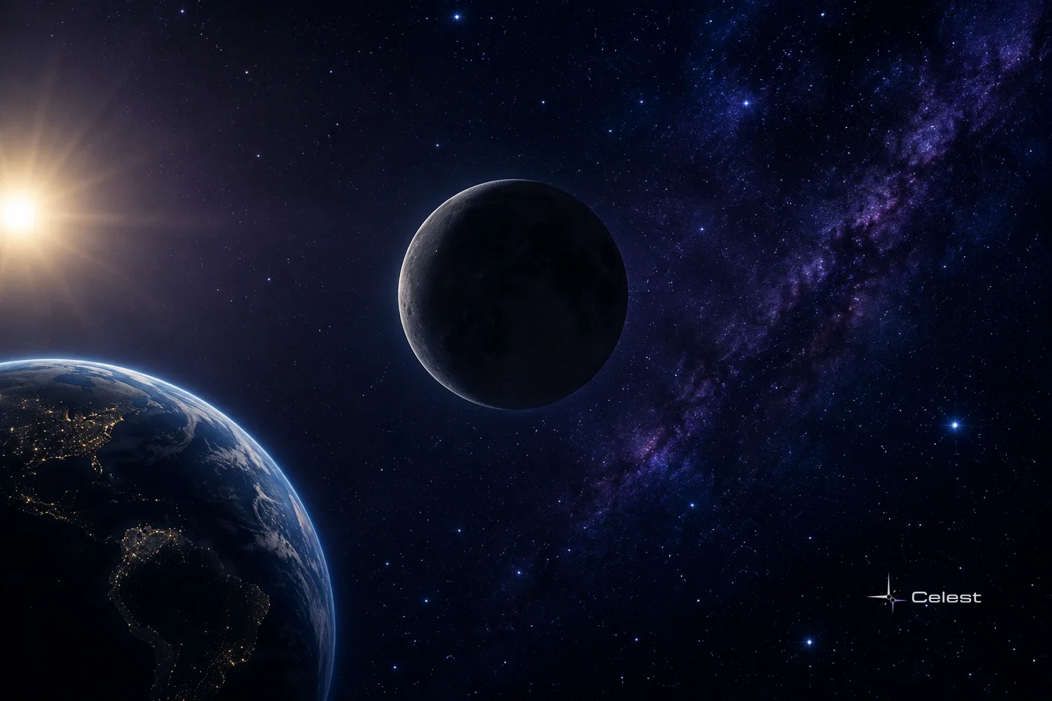 The new moon appears as a dark sphere with a slim lit edge above Earth, against a star-filled purple Milky Way and bright Sun.