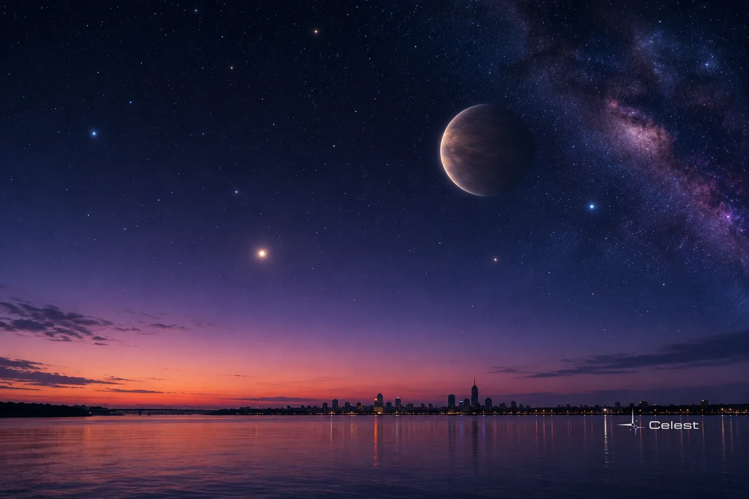 Nibiru, a shadowed crescent planet, hangs above a calm lake and distant city beneath a star-filled twilight sky.