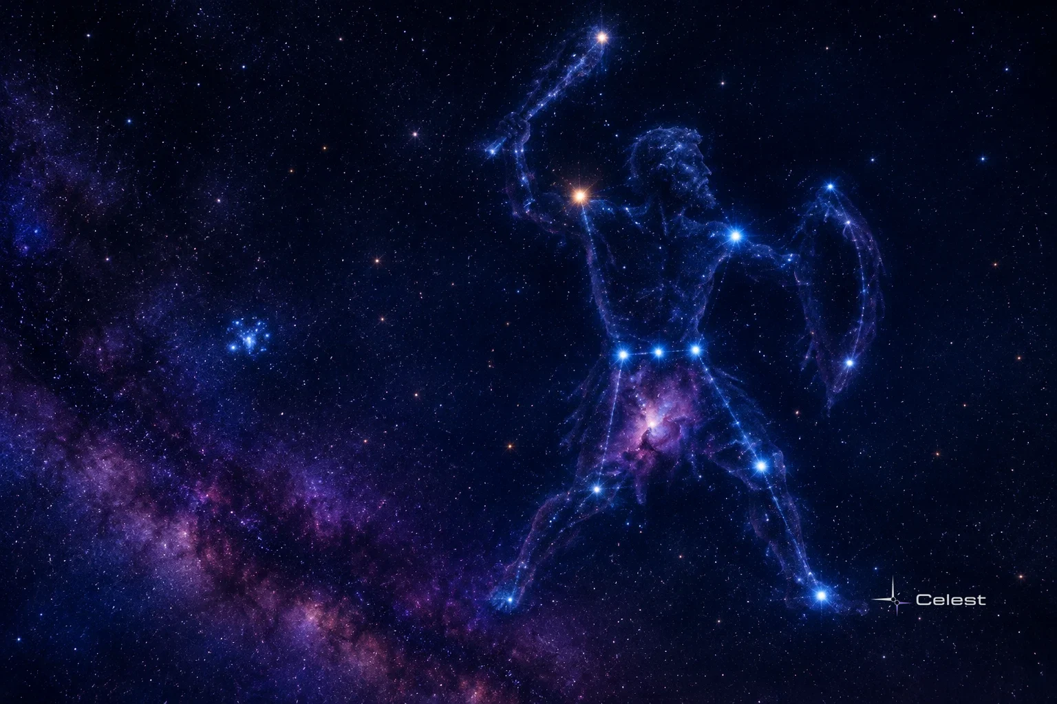 The Orion constellation appears as a glowing blue hunter in a star-filled sky, with purple Milky Way clouds stretching across the lower left.