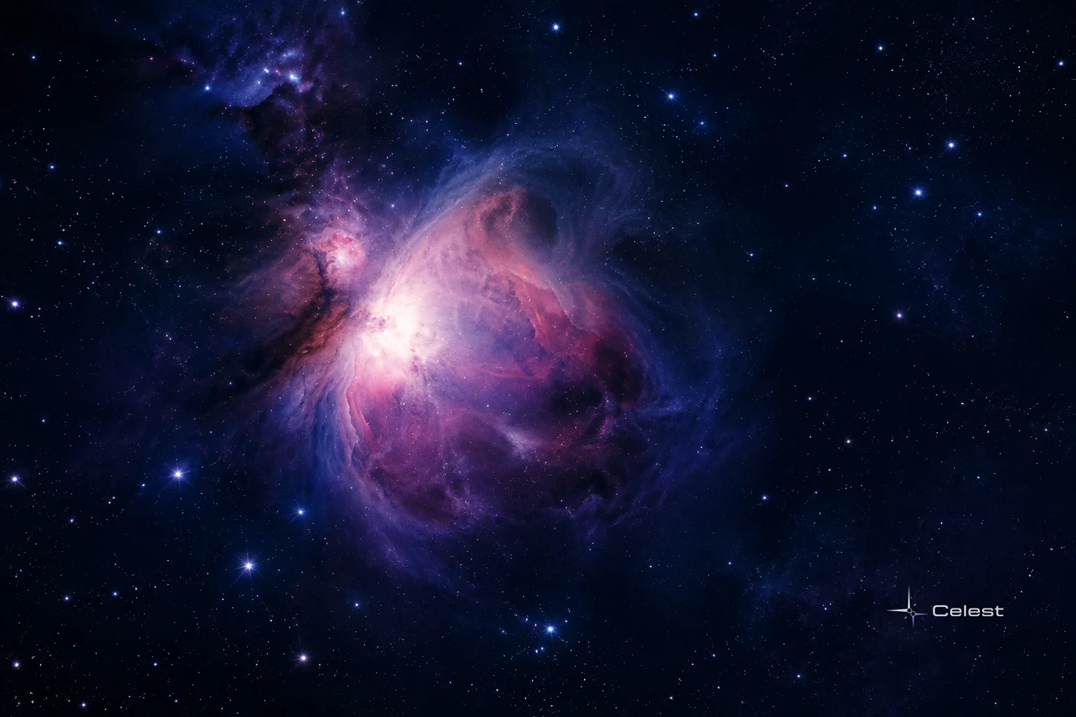 The Orion Nebula glows pink and violet at center, surrounded by dark blue space, wispy clouds and scattered stars.