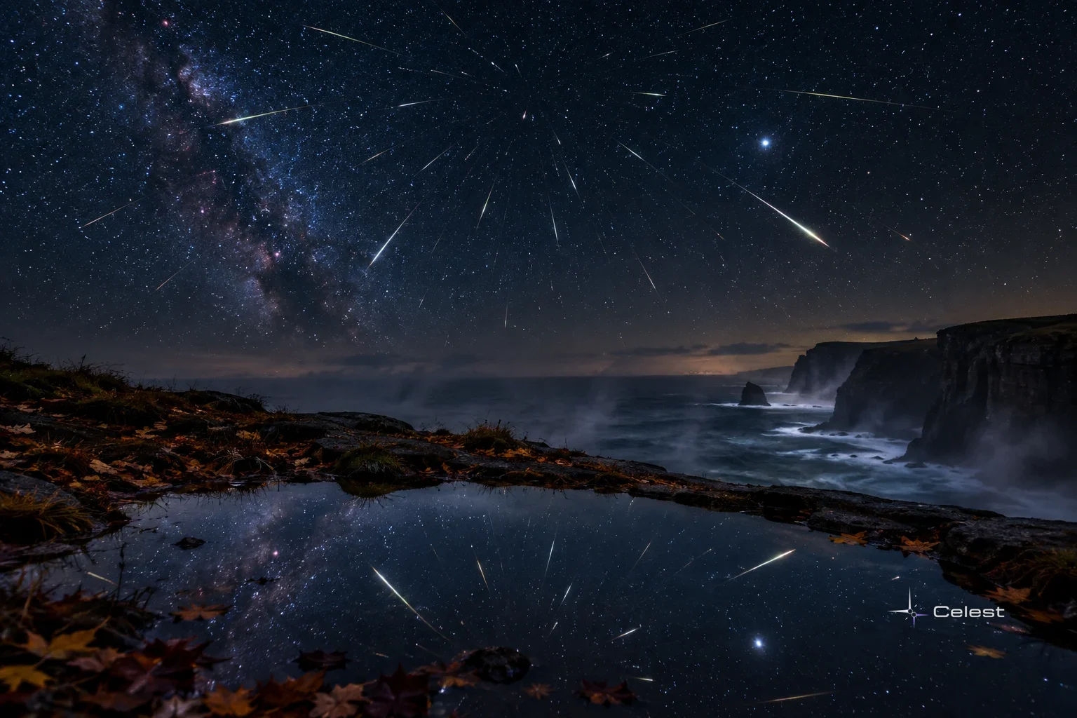 The Orionid meteor shower streaks across a starry night above a rocky coast, with the Milky Way and meteors reflected in a tide pool.