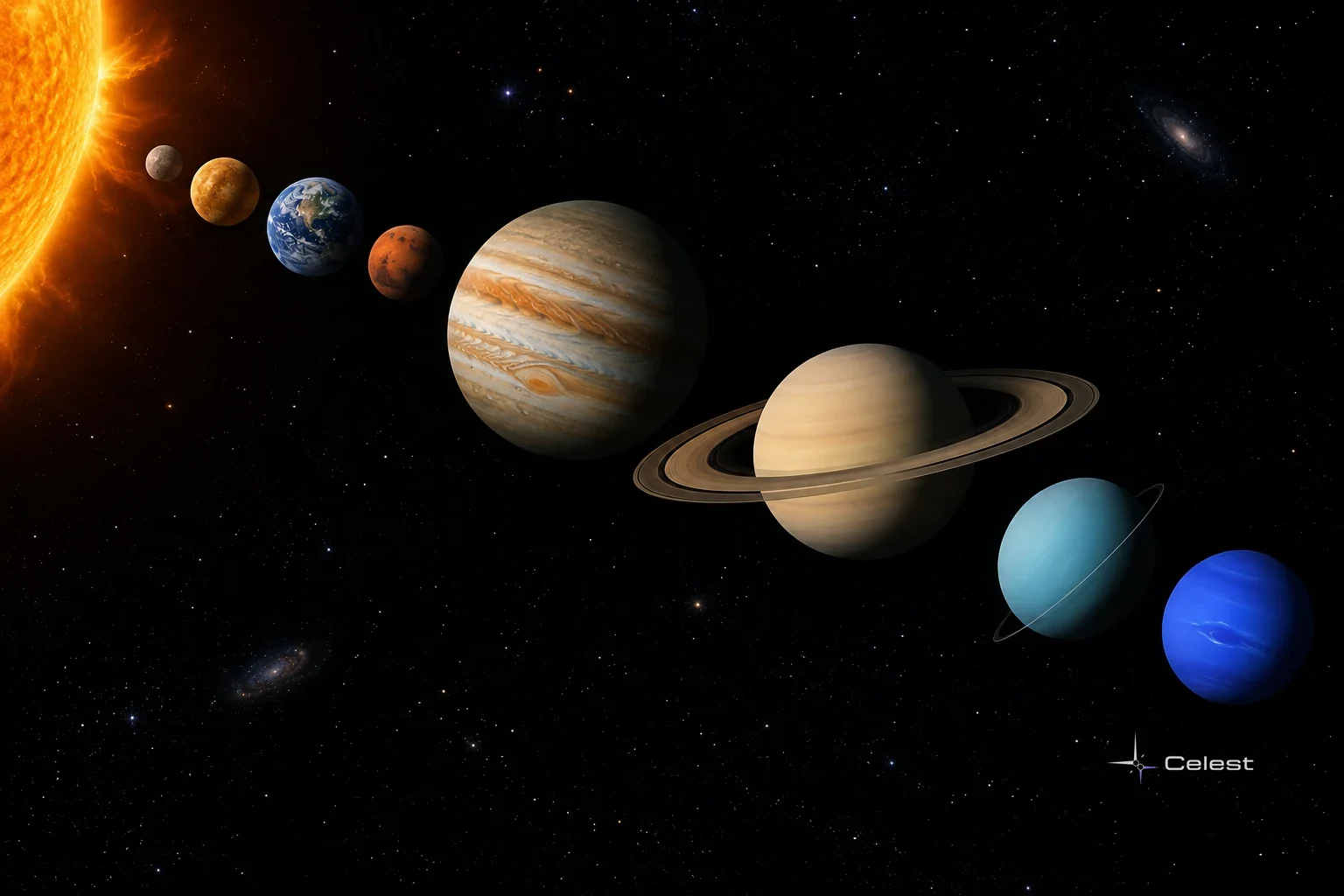 The Solar System's planets in order arc from the glowing Sun at left across a starry black sky, with Saturn's rings prominent.