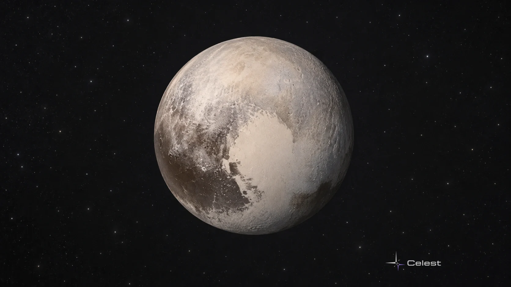 Conceptual muted Pluto globe with pale nitrogen-rich plains and darker icy terrain against quiet space.