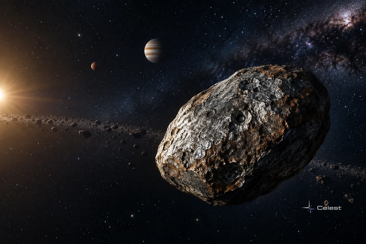 16 Psyche, a large rugged metallic asteroid, dominates the foreground against a star-filled sky, with planets and debris nearby.