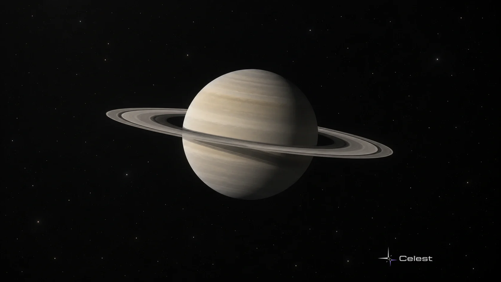 Conceptual muted beige Saturn with broad pale rings and subtle atmospheric bands.