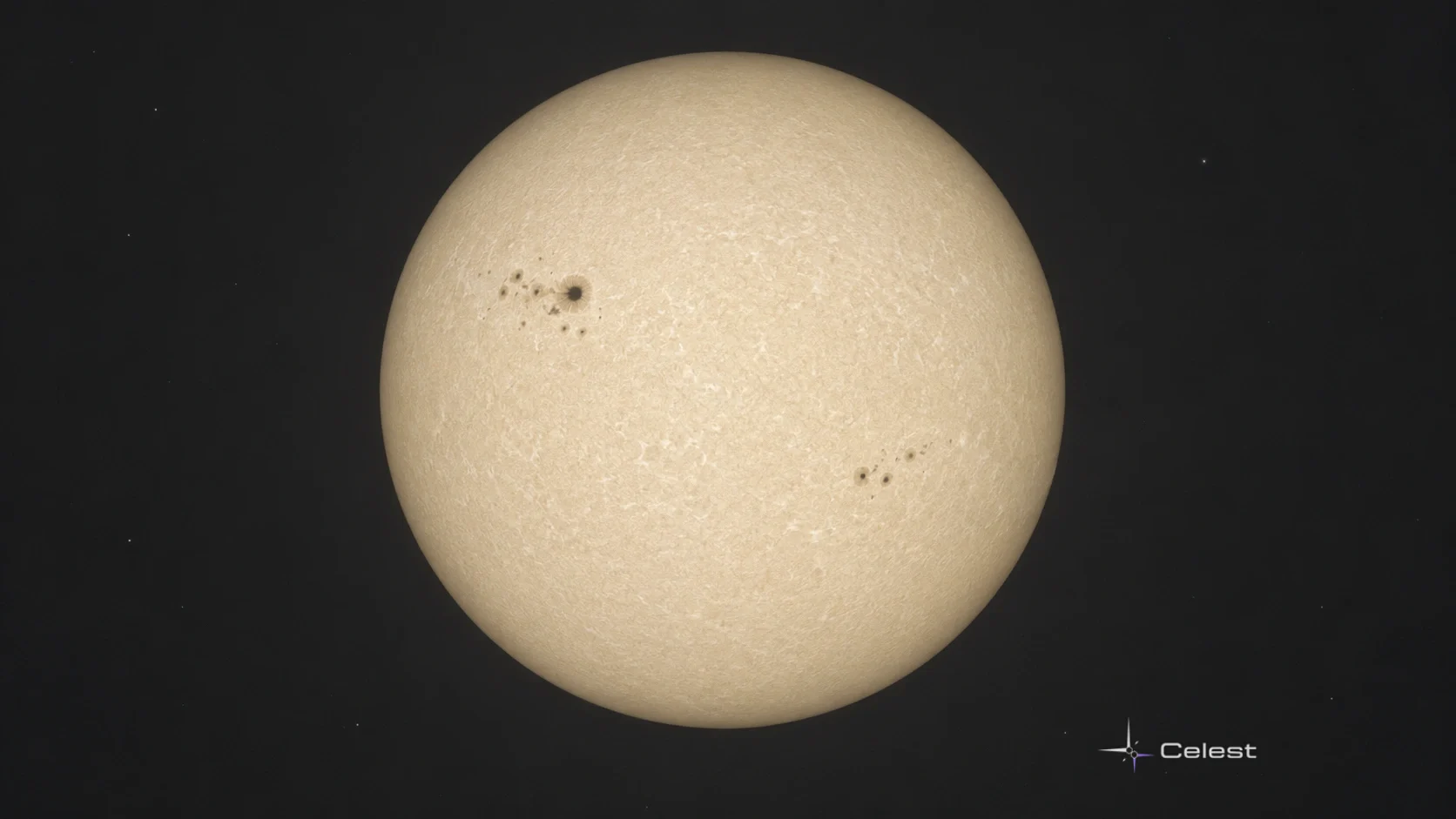 Conceptual pale visible-light solar disk with subtle photospheric texture and small dark sunspot groups.