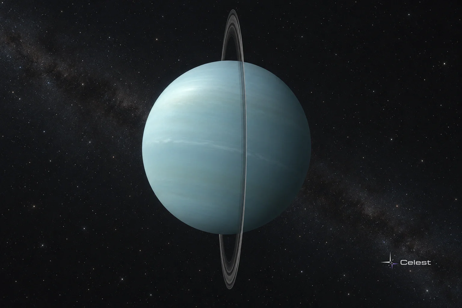 Conceptual illustration of pale blue-green Uranus with its narrow rings inclined across the globe.