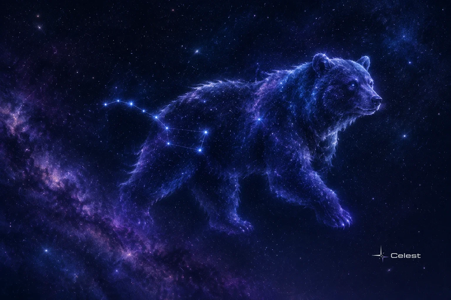 Ursa Major appears as a glowing blue bear among stars and purple Milky Way clouds, with the Big Dipper shining nearby.