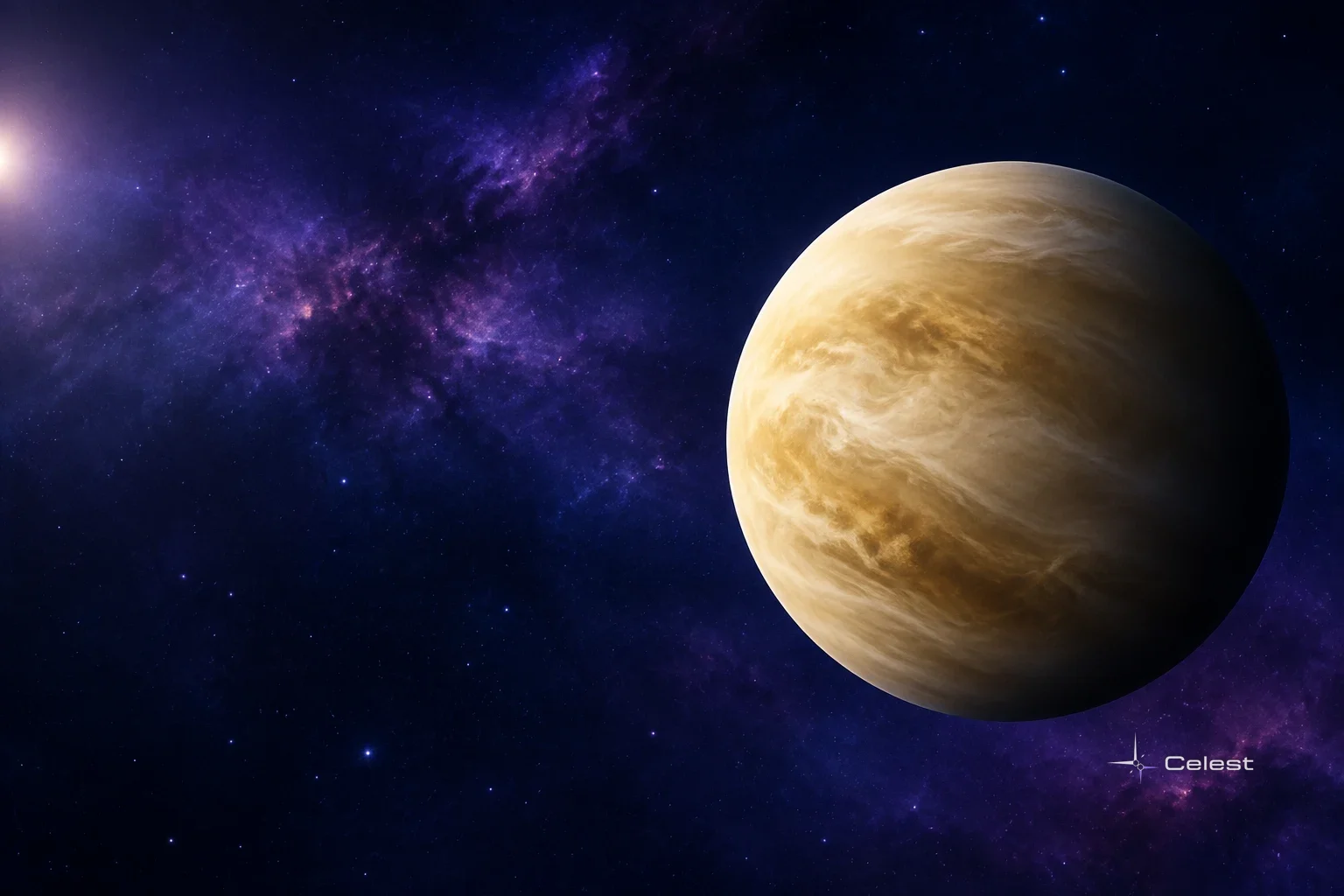 Venus appears as a large golden, cloud-covered planet against a dark star field with a glowing purple Milky Way.